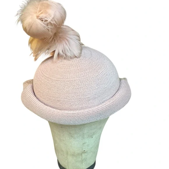 1950s/60s Soft, Muted‎ Pink Straw Fascinator Hat w/Birdcage Veil & Pink Feathers - Picture 6 of 9